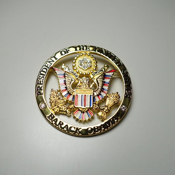 Barack Obama 2009 Metal Enamel Rhinestone Presidential Pin By Ann Hand w/ Box